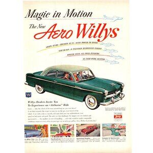 1952 Jeep Aero Willys 2 Door Vintage Print Ad Magic in Motion 50s Wall Art